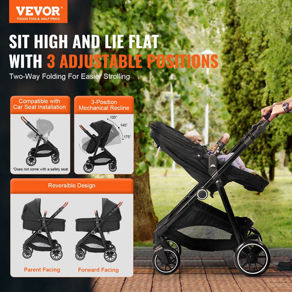 Bebyra VEVOR Baby Stroller – Foldable Infant & Toddler Stroller with Bassinet, Adjustable Backrest, Reversible Seat, Black