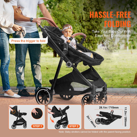 Bebyra VEVOR Baby Stroller – Foldable Infant & Toddler Stroller with Bassinet, Adjustable Backrest, Reversible Seat, Black