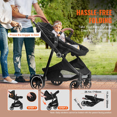 Bebyra VEVOR Baby Stroller – Foldable Infant & Toddler Stroller with Bassinet, Adjustable Backrest, Reversible Seat, Black