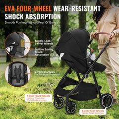 Bebyra VEVOR Baby Stroller – Foldable Infant & Toddler Stroller with Bassinet, Adjustable Backrest, Reversible Seat, Black