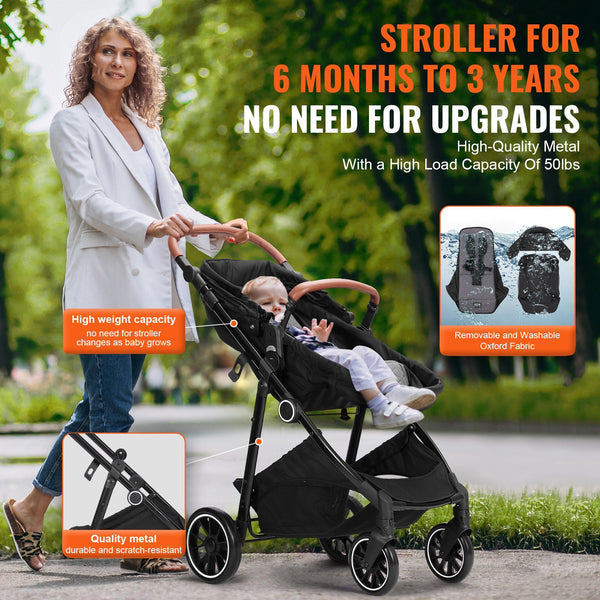 Bebyra VEVOR Baby Stroller – Foldable Infant & Toddler Stroller with Bassinet, Adjustable Backrest, Reversible Seat, Black